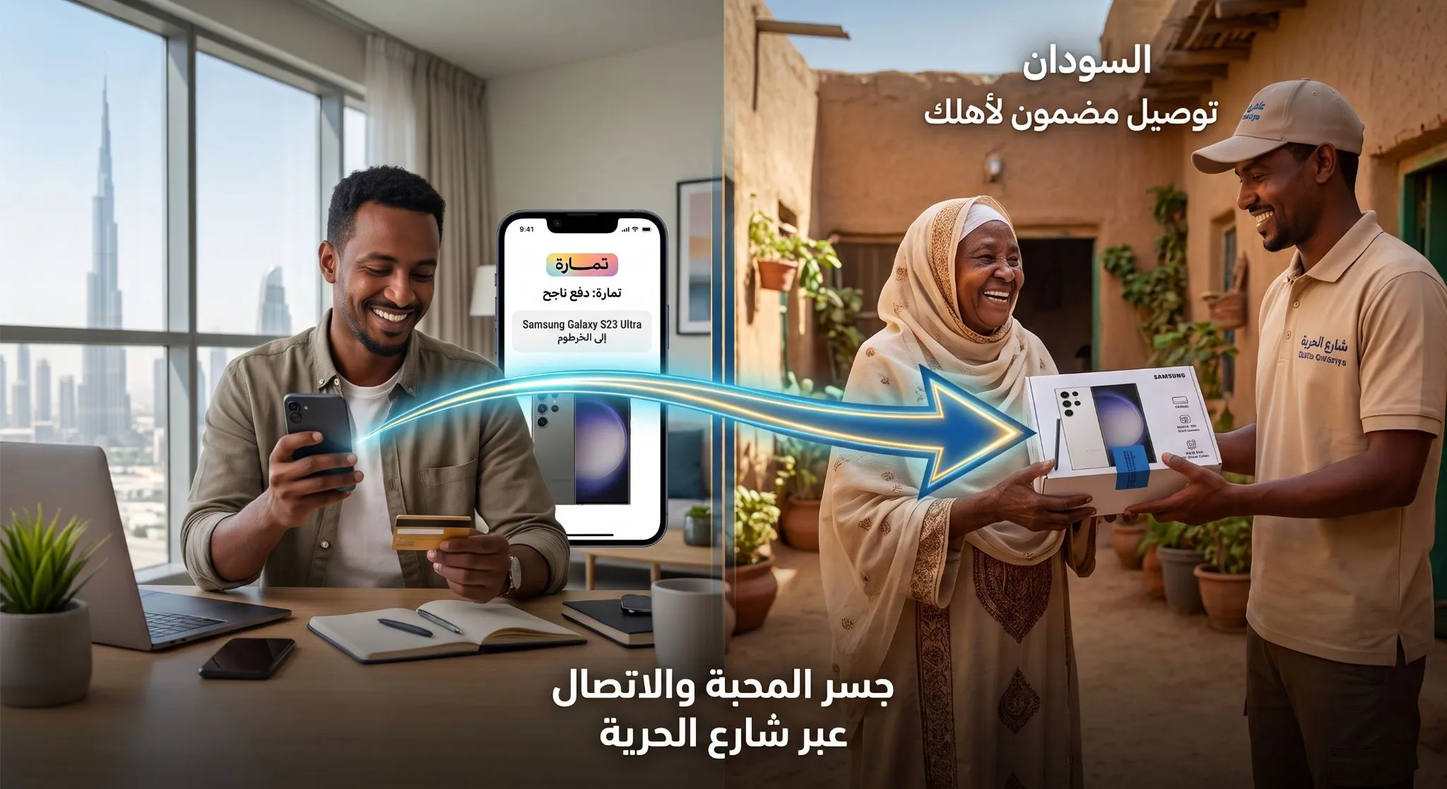 تسليم تلفون سامسونج الجديد لأحد أفراد الأسرة في منزله بالسودان