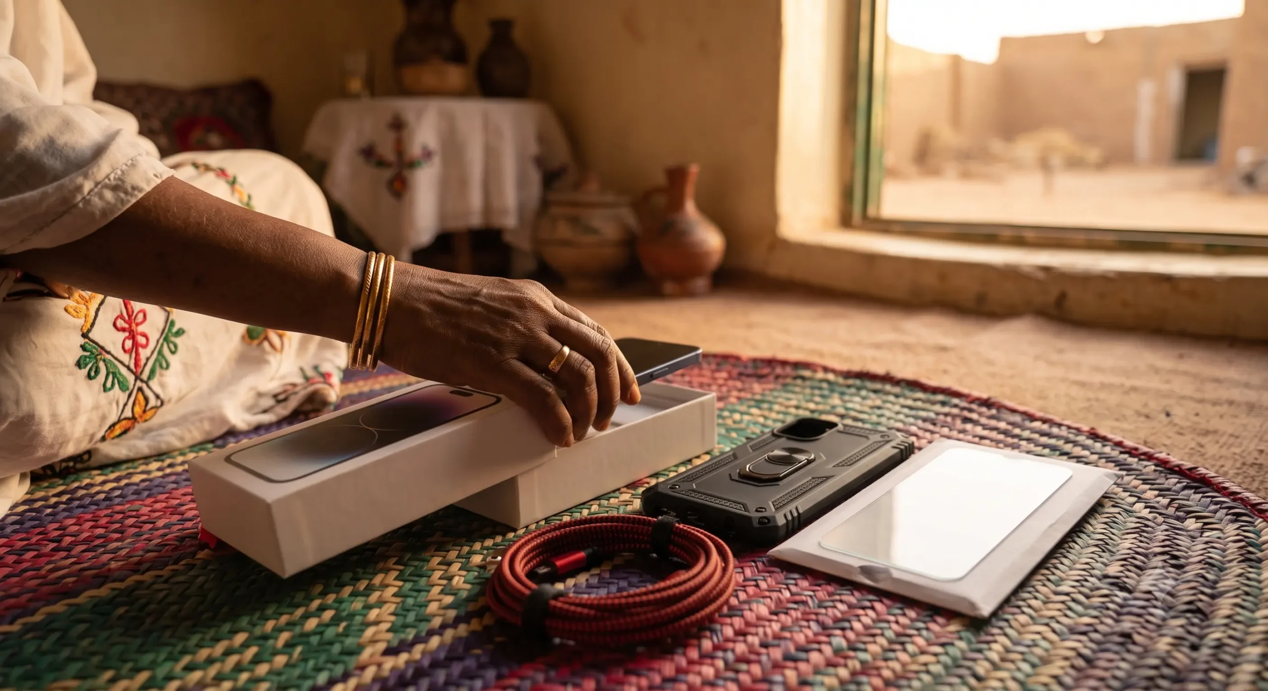 A person choosing a new phone to send to family in Sudan
